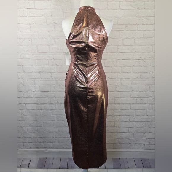 E Venus Pink Metallic Halter Midi Dress Women Size S Side Ruched Wrap Skirt Cute - Picture 7 of 12